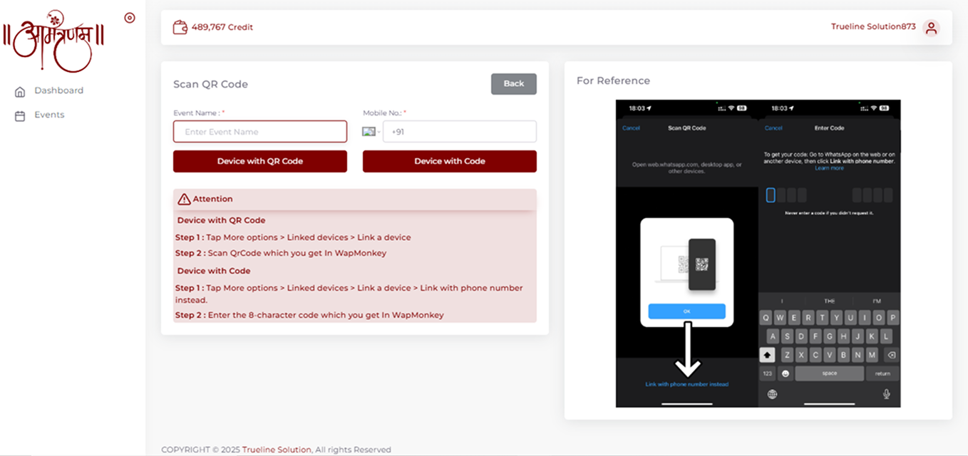 Aamantranam create new event option
